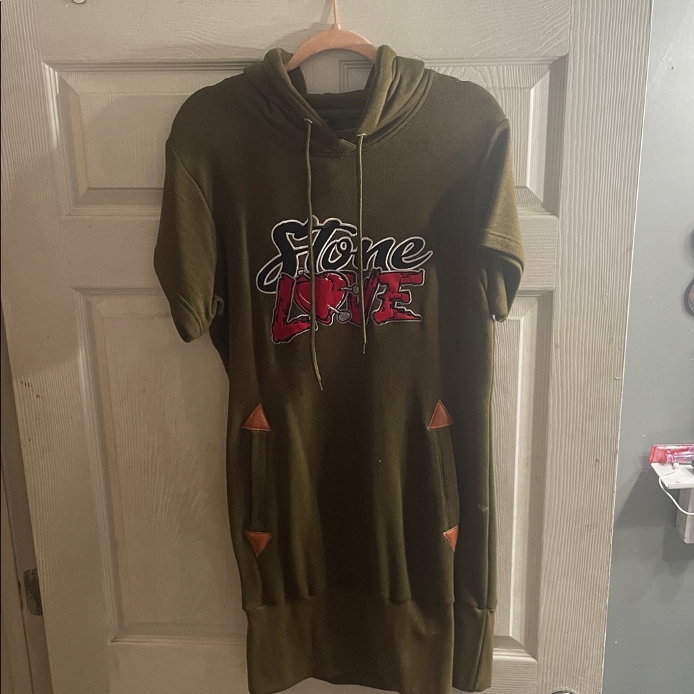 Olive Green Hoodie Dress with Graphic Print
